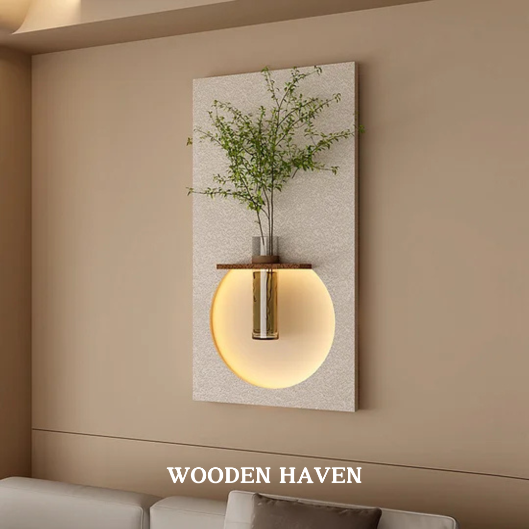 Wooden Circular Wall Decoration Wall Warm Lamp Painting.