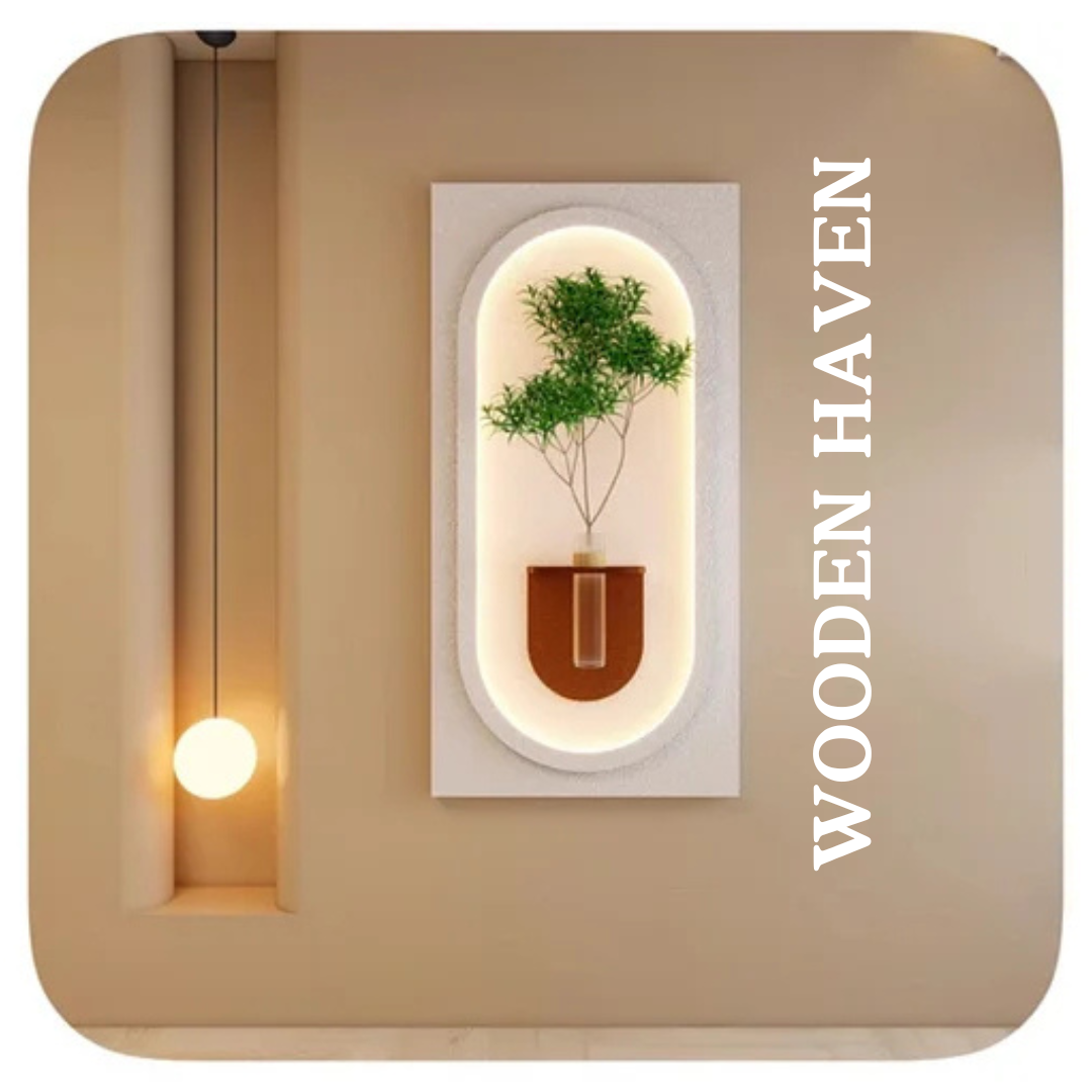 Wooden Oval Shaped Wall Decoration Warm Lamp Painting.