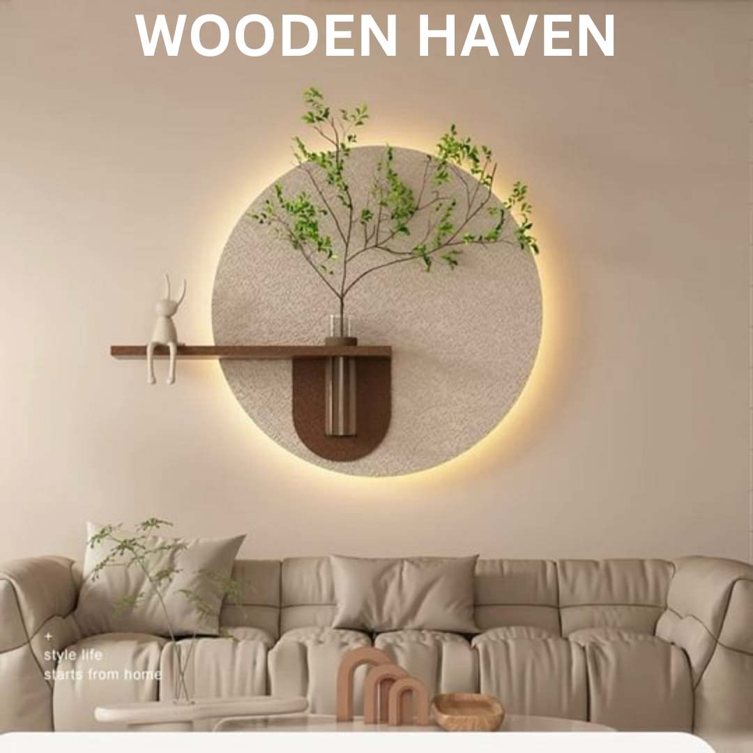 Wooden Circular Wall Decoration Lamp Painting.